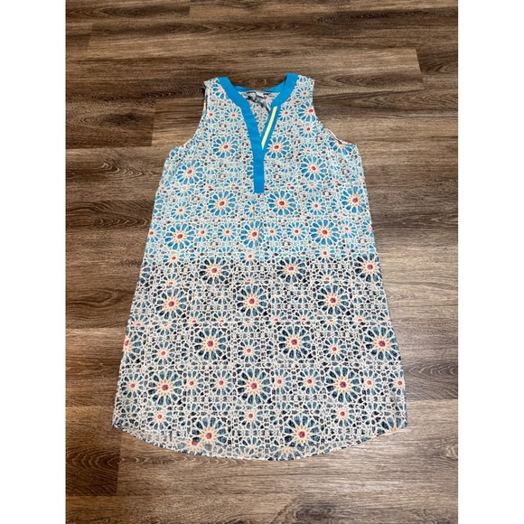 Charlie Jade Mini Dress XS Blue Geometric Mosaic 100% Silk Shift Boho Beach - Picture 2 of 9